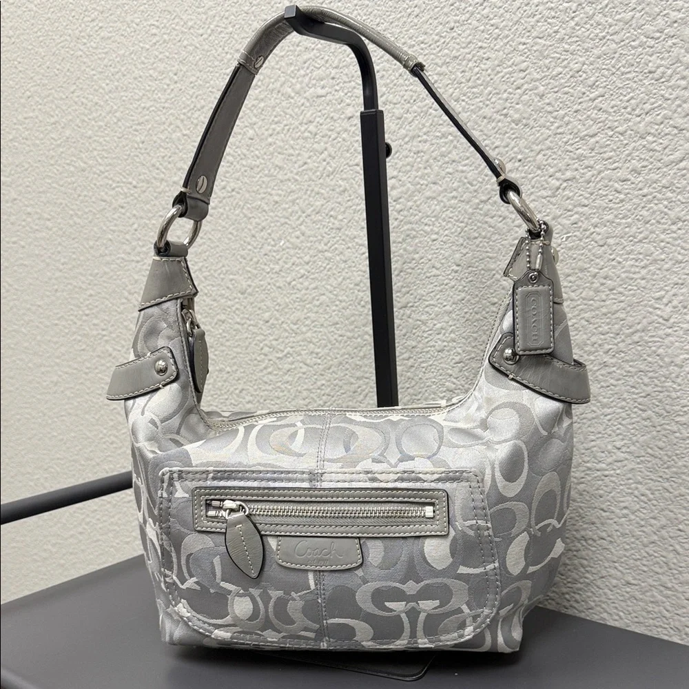 Coach Moto Silver and Gray Optic C Monogram Medium Hobo Bag